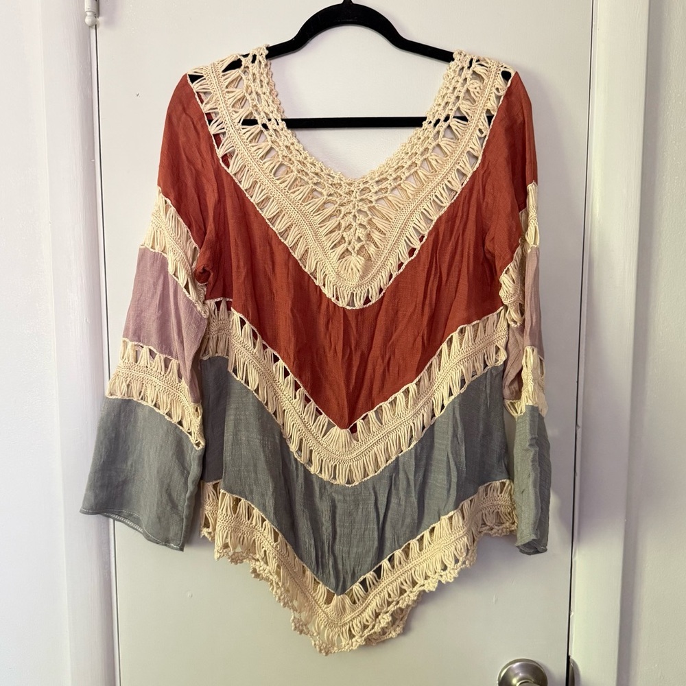 Bohemian Striped & Crochet Knit Long Sleeve Top with Asymmetrical Hem Small